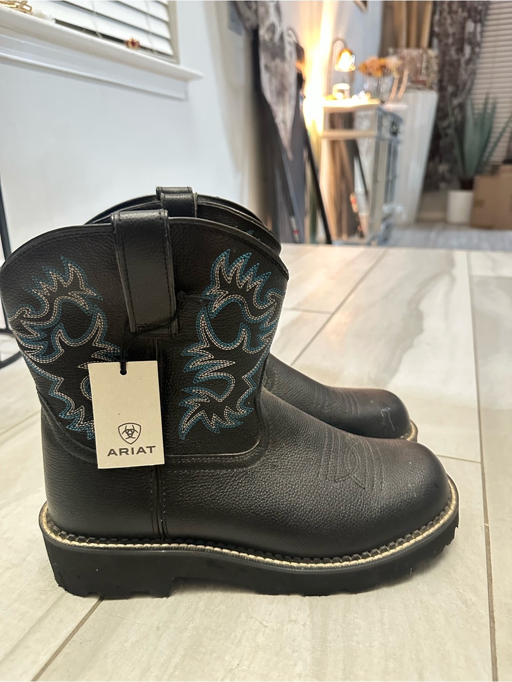 Ariat Black Kids Western Pull-On Boots with Blue Stitching
